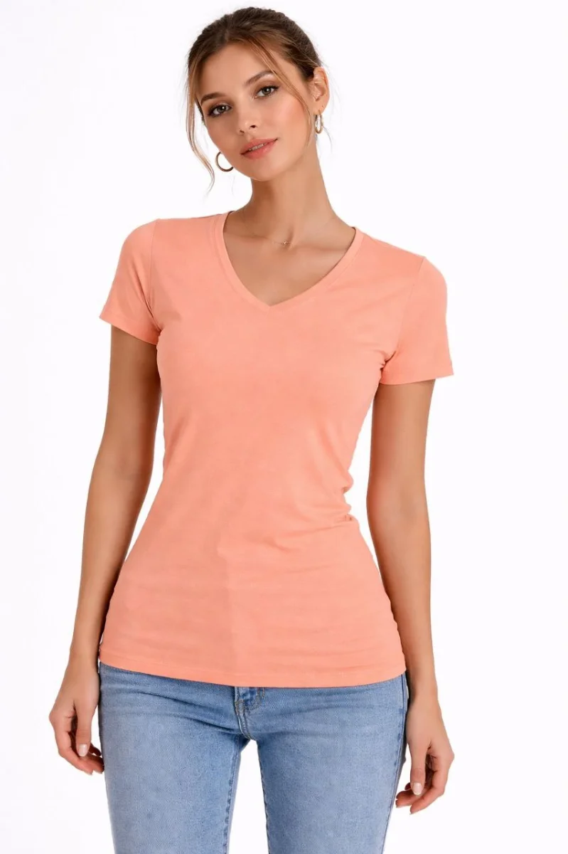 Kadın T-Shirt V Yaka Slim Fit Likralı Tişört Günlük Basic Body - Toz Pembe
