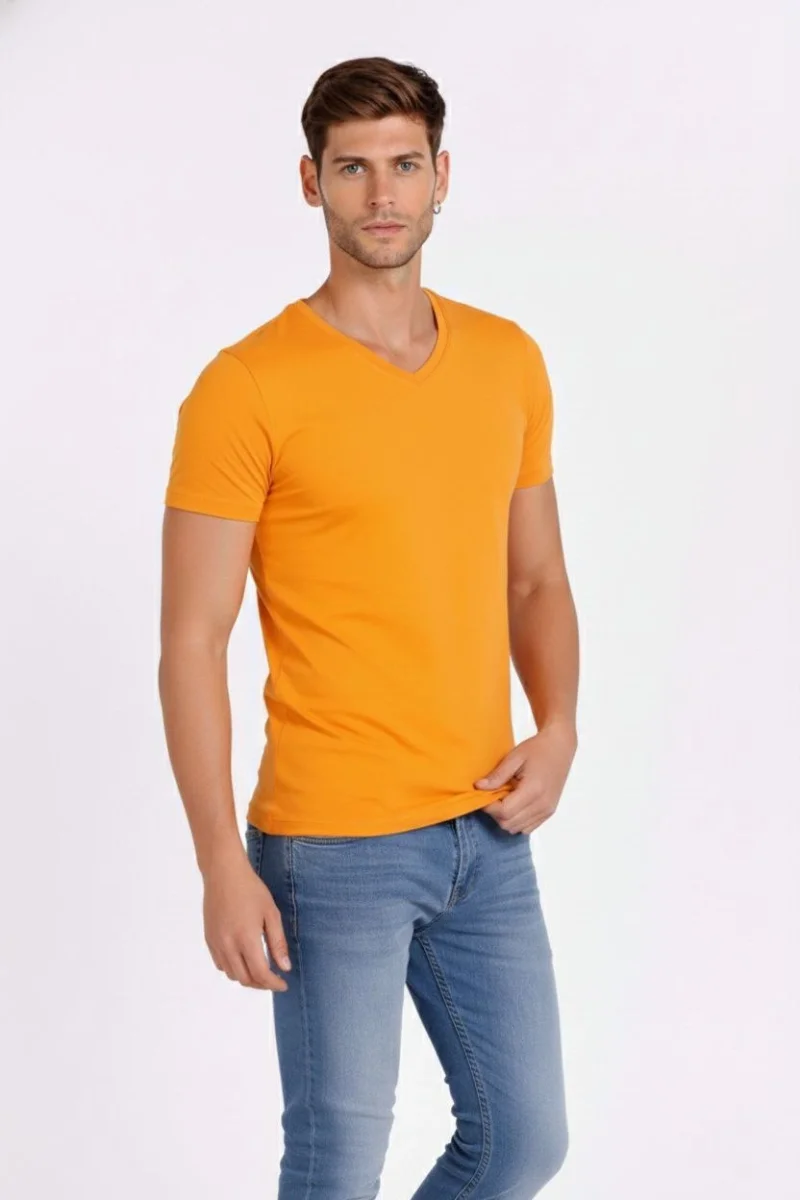Erkek T-Shirt V Yaka Slim Fit dar kesim Likralı Tişört Günlük Basic Body - Sarı