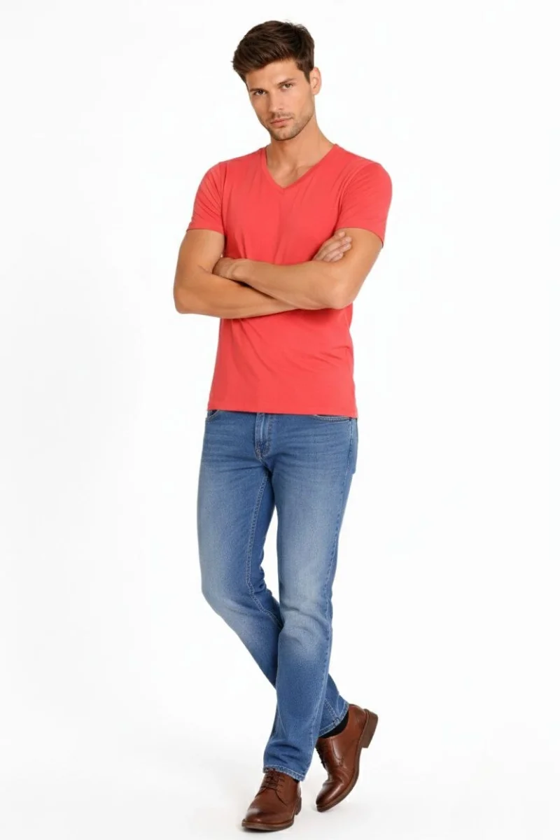 Erkek T-Shirt V Yaka Slim Fit dar kesim Likralı Tişört Günlük Basic Body - Nar Çiçeği