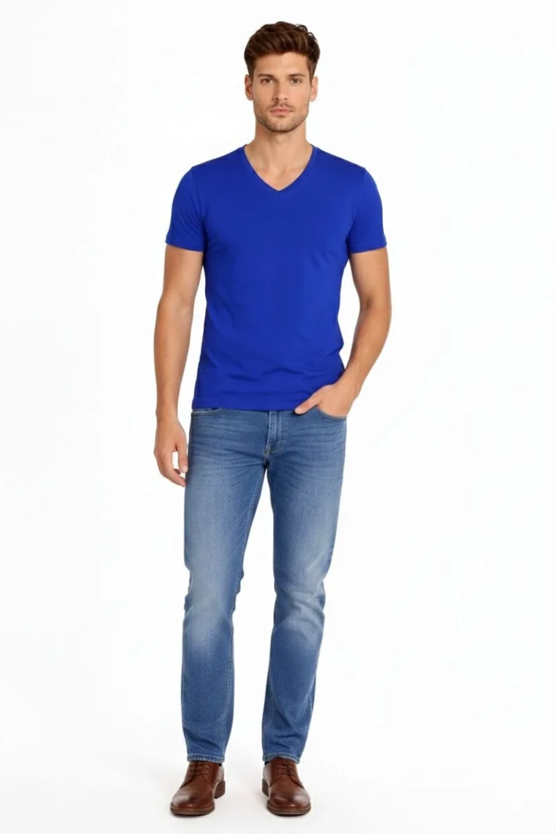 Erkek T-Shirt V Yaka Slim Fit dar kesim Likralı Tişört Günlük Basic Body - Saks Mavisi