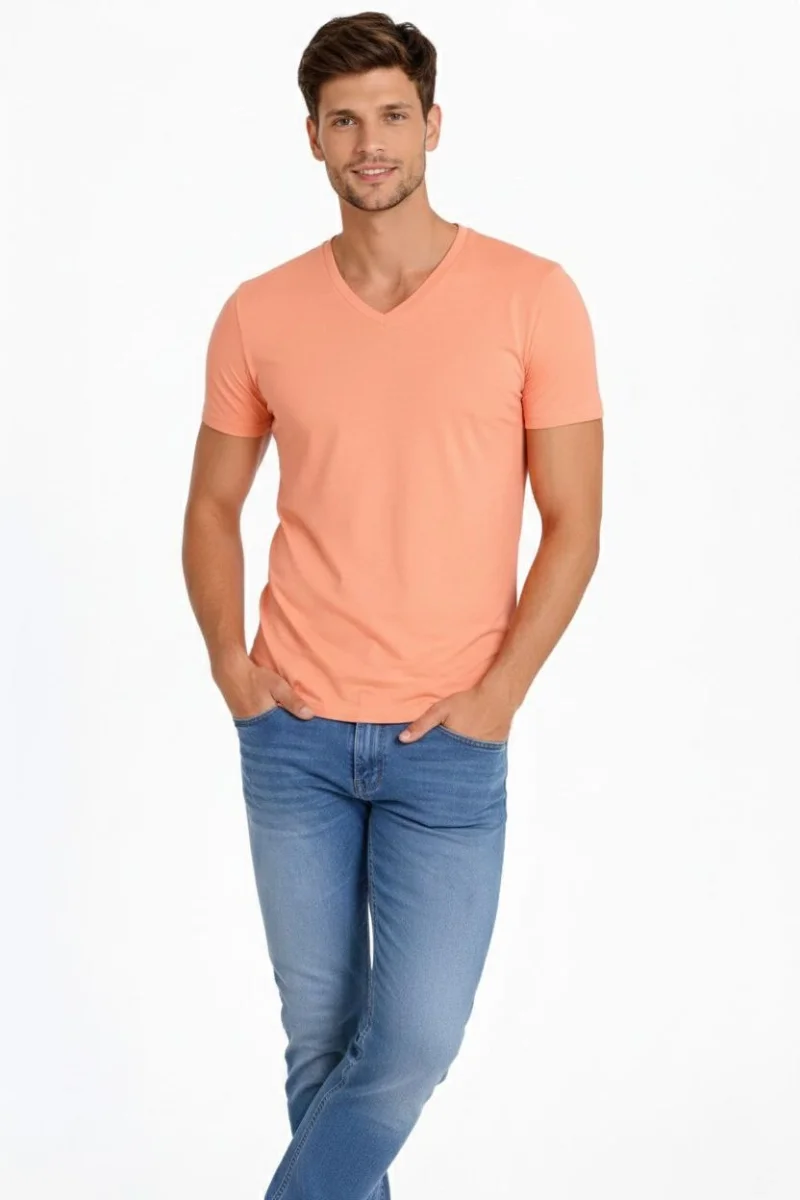 Erkek T-Shirt V Yaka Slim Fit dar kesim Likralı Tişört Günlük Basic Body - Toz Pembe
