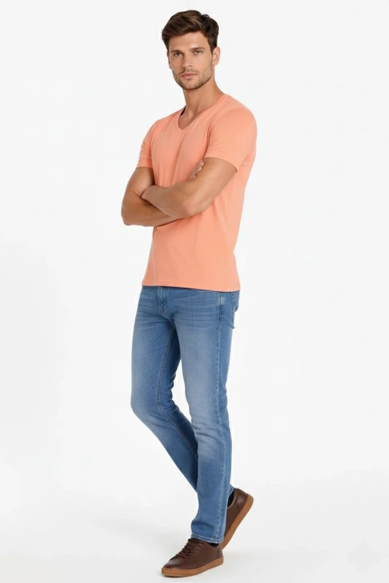 Erkek T-Shirt V Yaka Slim Fit dar kesim Likralı Tişört Günlük Basic Body - Toz Pembe