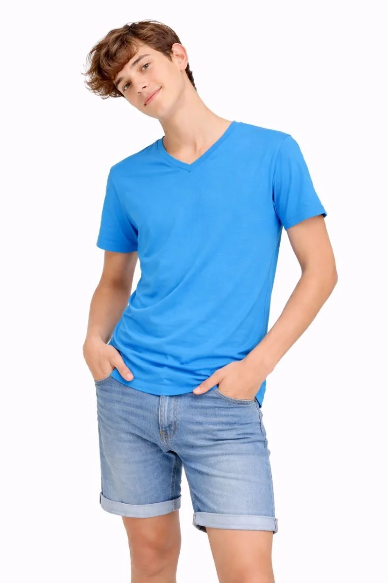 Genç Erkek Çocuk V Yaka Tişört Yazlık Model Günlük Basic Body - Açık Mavi