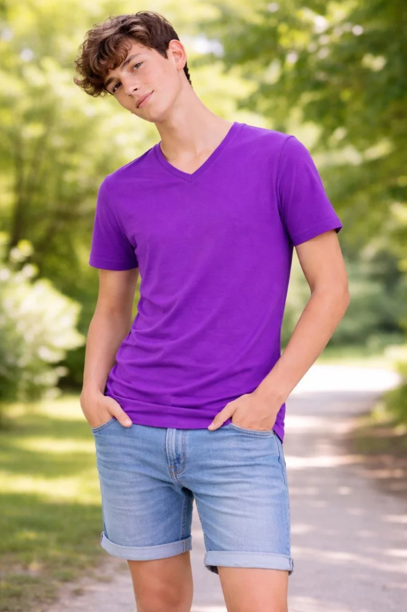 Genç Erkek Çocuk V Yaka Tişört Yazlık Model Günlük Basic Body - Mor