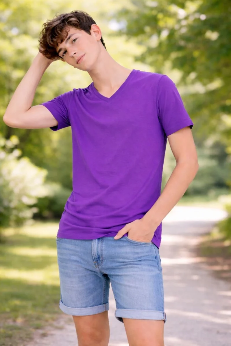 Genç Erkek Çocuk V Yaka Tişört Yazlık Model Günlük Basic Body - Mor