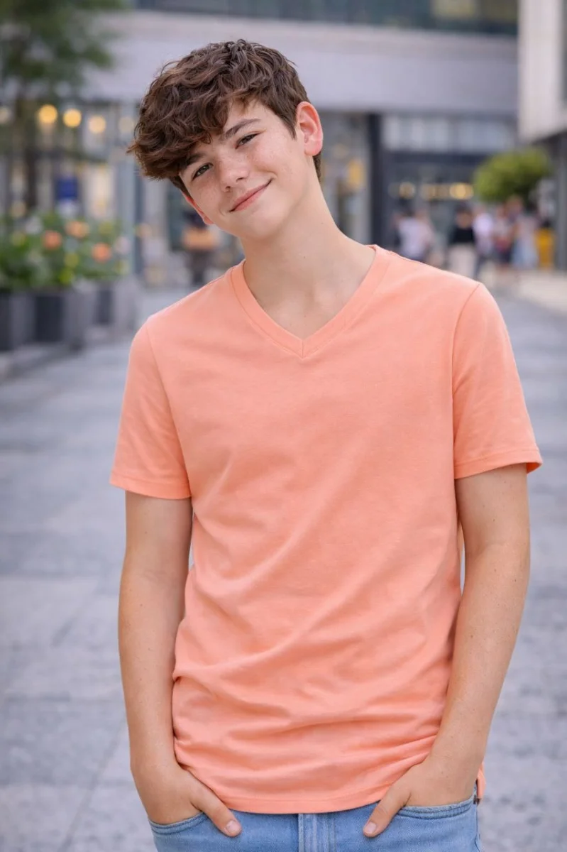 Genç Erkek Çocuk V Yaka Tişört Yazlık Model Günlük Basic Body - Toz Pembe