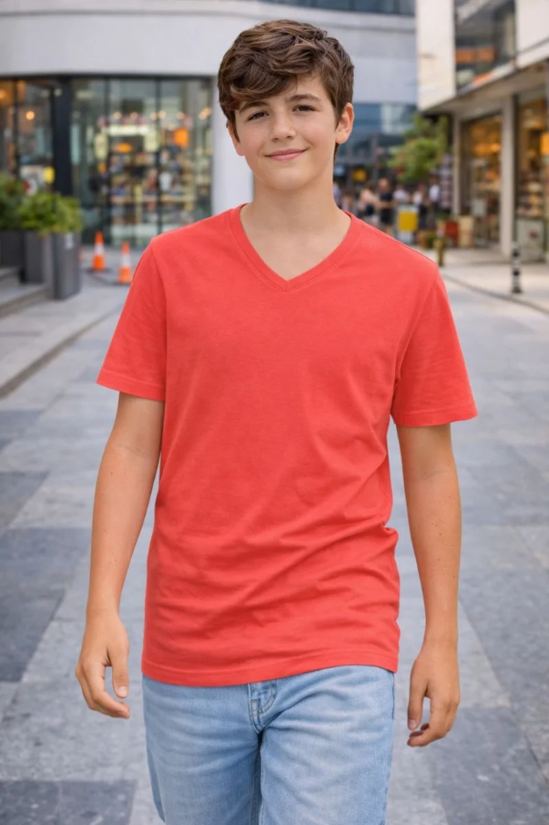 Genç Erkek Çocuk V Yaka Tişört Yazlık Model Günlük Basic Body - Nar Çiçeği