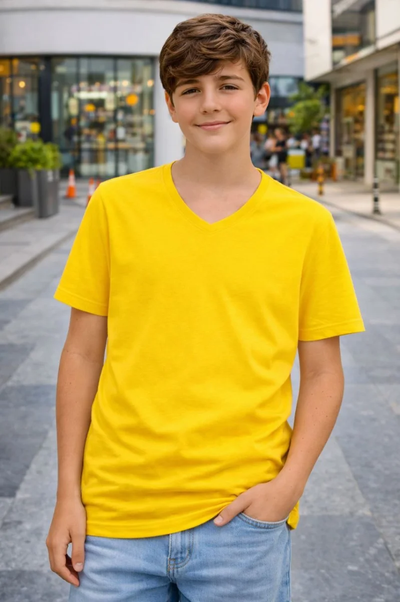 Genç Erkek Çocuk V Yaka Tişört Yazlık Model Günlük Basic Body - Sarı