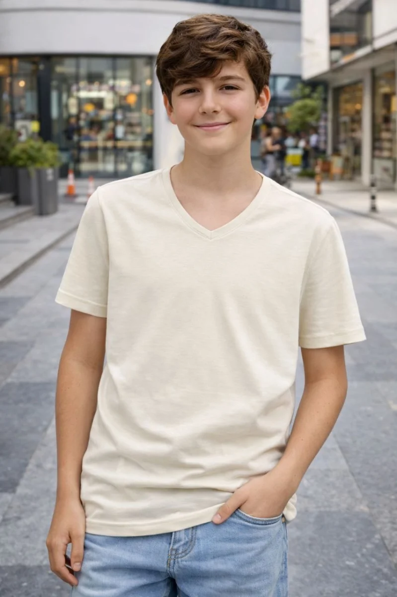 Genç Erkek Çocuk V Yaka Tişört Yazlık Model Günlük Basic Body - Taş