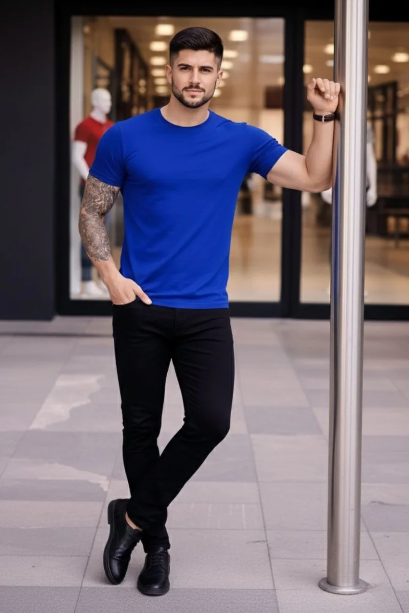 Erkek T-Shirt Bisiklet Yaka Slim Fit dar kesim Likralı Tişört Günlük Basic Body - Saks Mavisi
