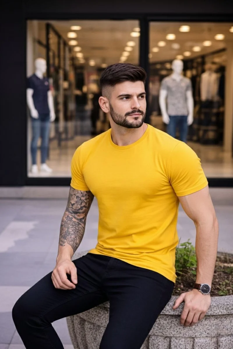 Erkek T-Shirt Bisiklet Yaka Slim Fit dar kesim Likralı Tişört Günlük Basic Body - Sarı