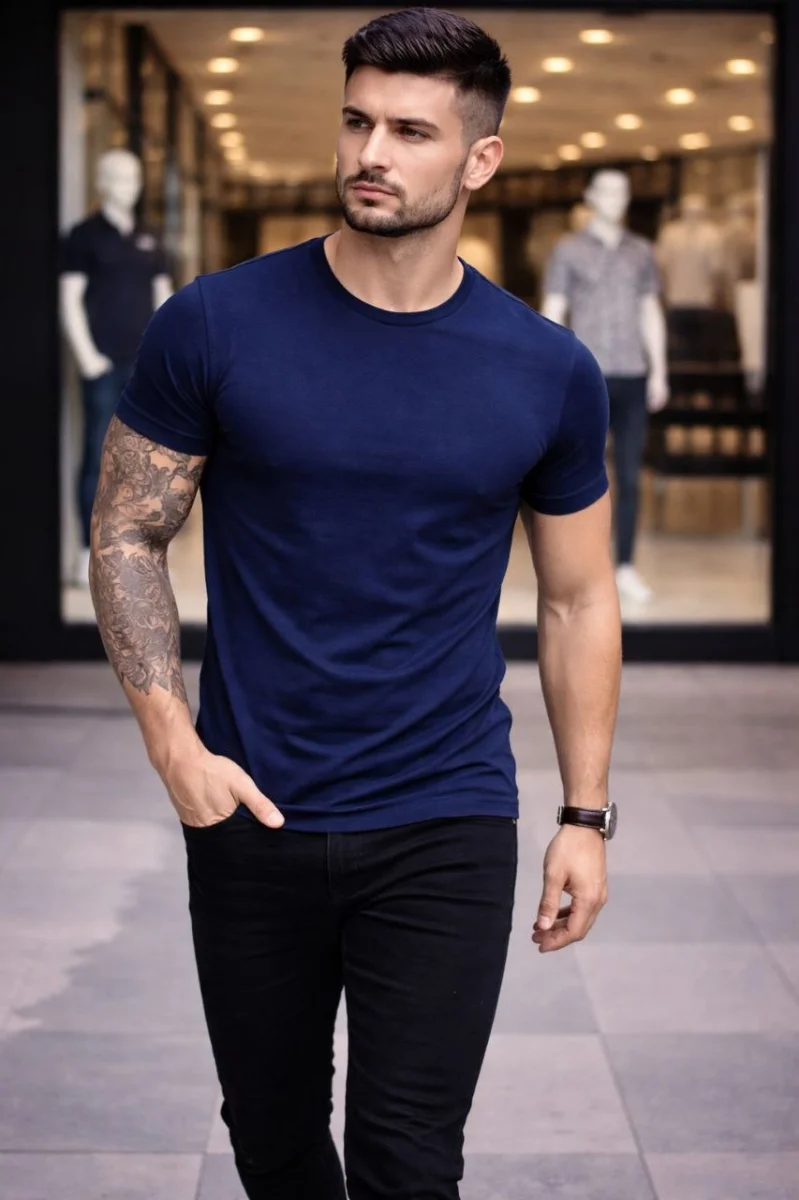 Erkek T-Shirt Bisiklet Yaka Slim Fit dar kesim Likralı Tişört Günlük Basic Body - Lacivert