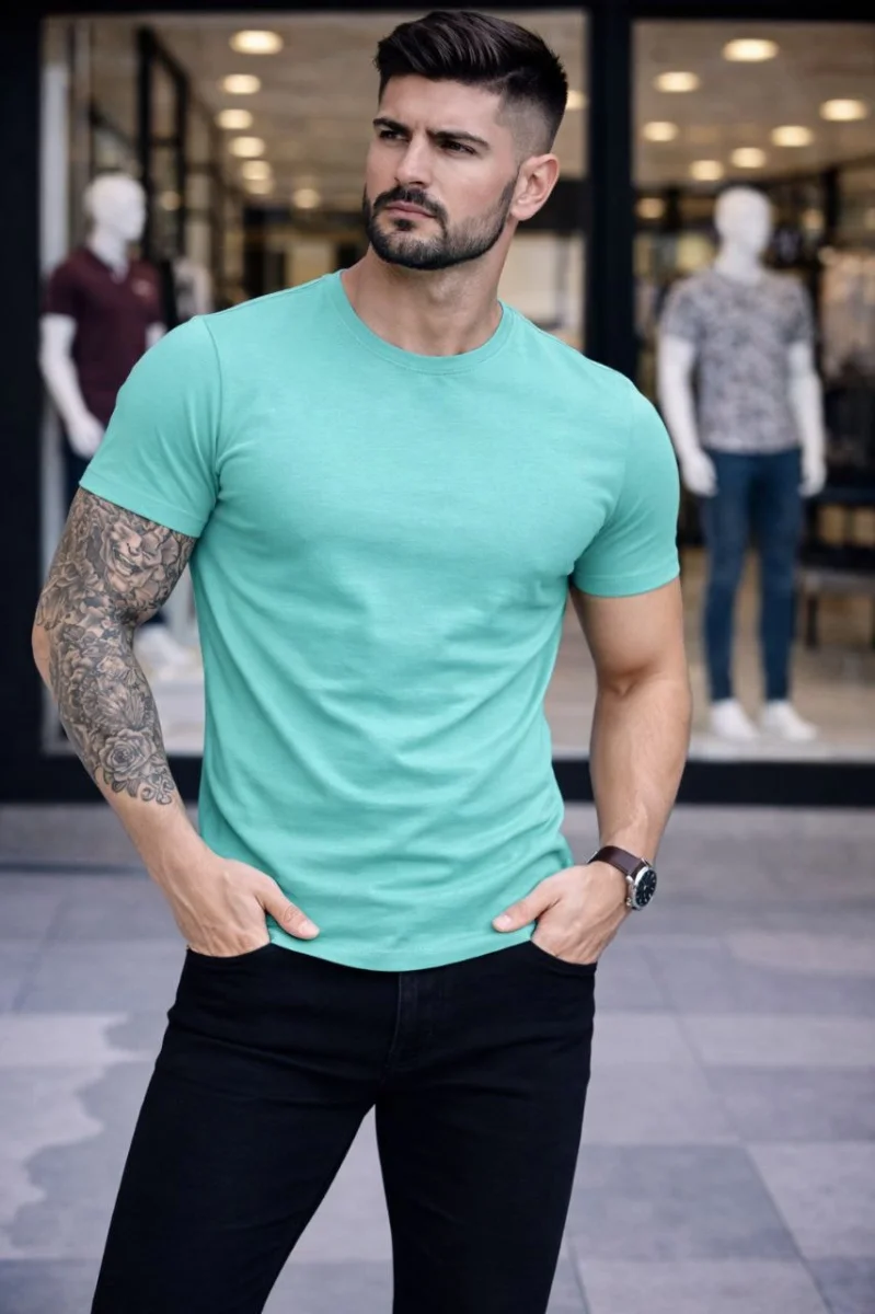 Erkek T-Shirt Bisiklet Yaka Slim Fit dar kesim Likralı Tişört Günlük Basic Body - Turkuvaz