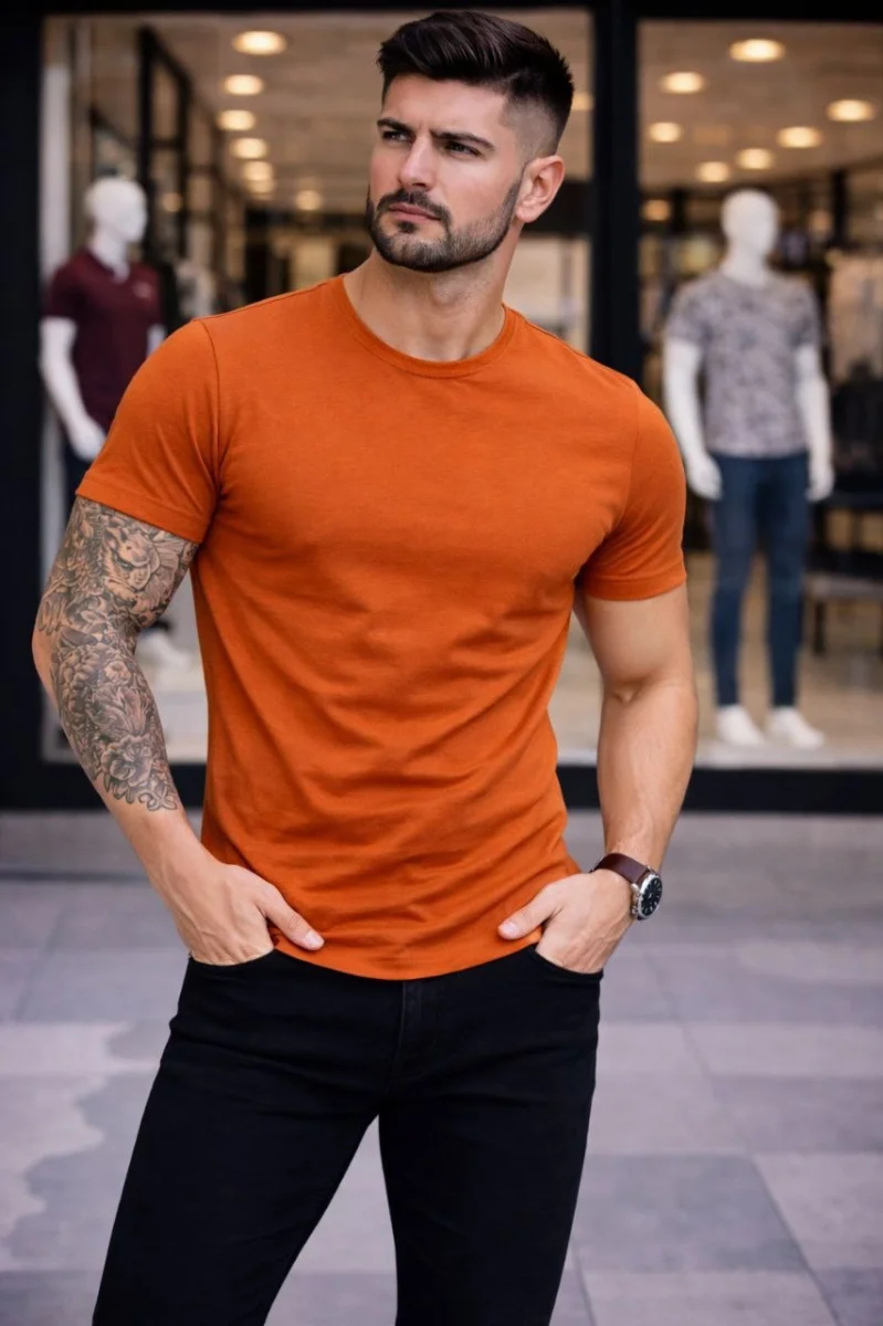 Erkek T-Shirt Bisiklet Yaka Slim Fit dar kesim Likralı Tişört Günlük Basic Body - Koyu Turuncu