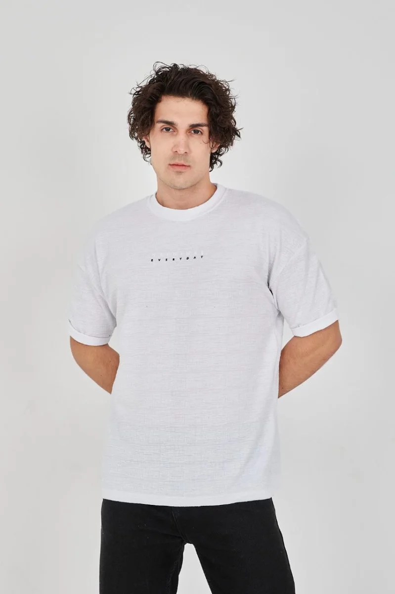 Jakar Kumaş Rahat Kol T-Shirt - Beyaz -
