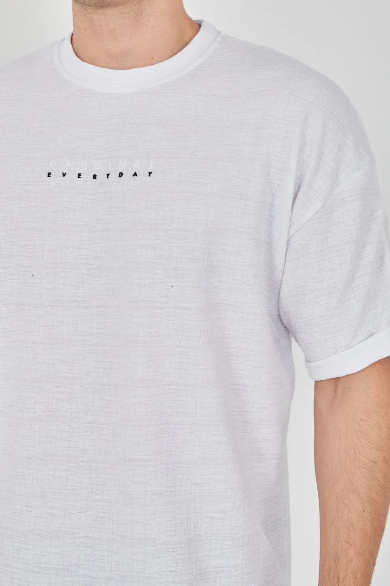 Jakar Kumaş Rahat Kol T-Shirt - Beyaz -