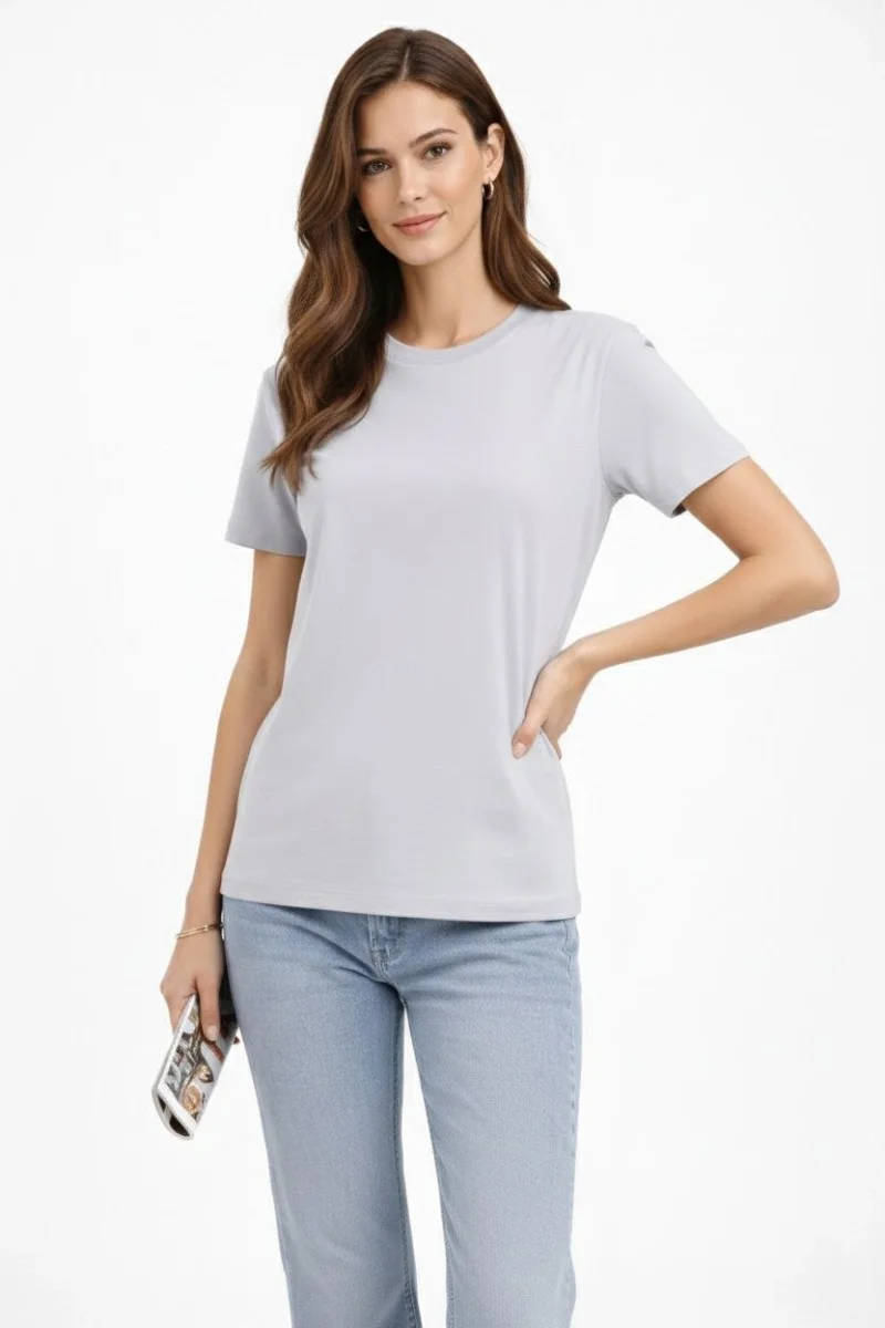 Kadın Bisiklet Yaka Tişört  Regular Kalıp Basic Pamuklu  Günlük Kullanım  T-shirt - Gri