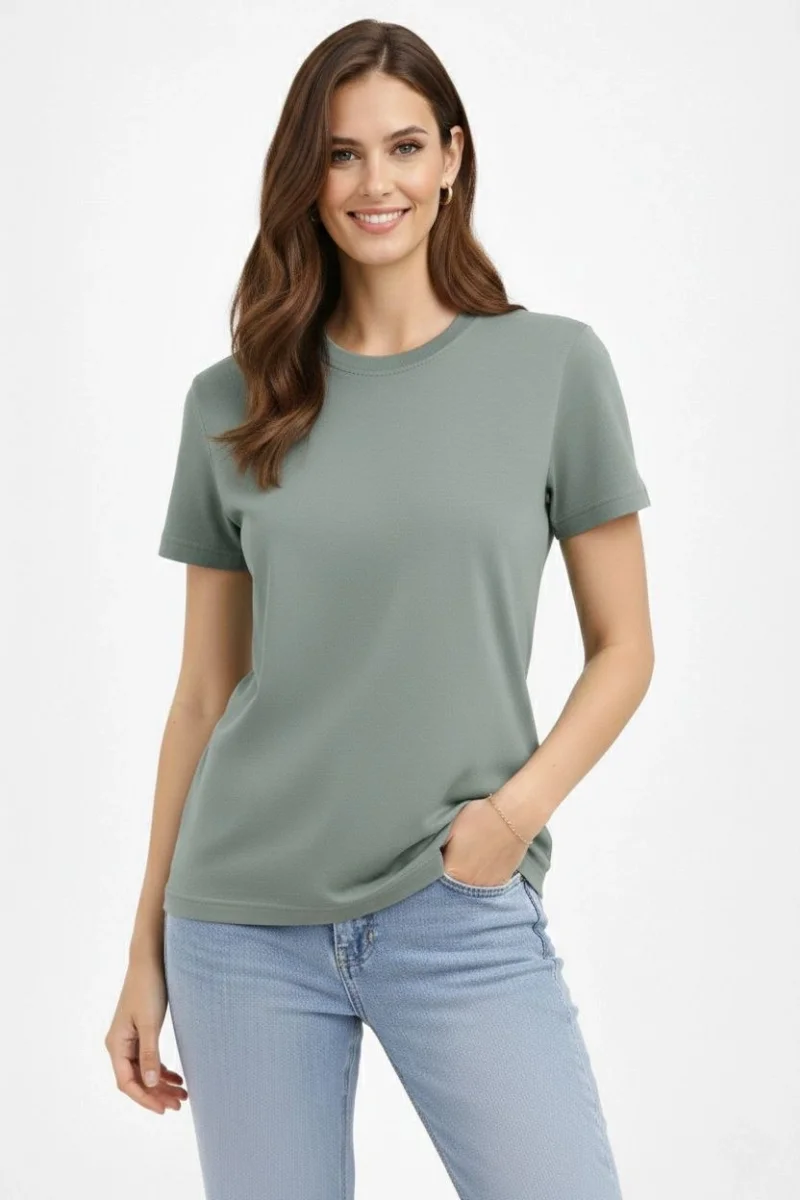 Kadın Bisiklet Yaka Tişört Regular Kalıp Basic Pamuklu Günlük Kullanım T-shirt - Mint Yeşili