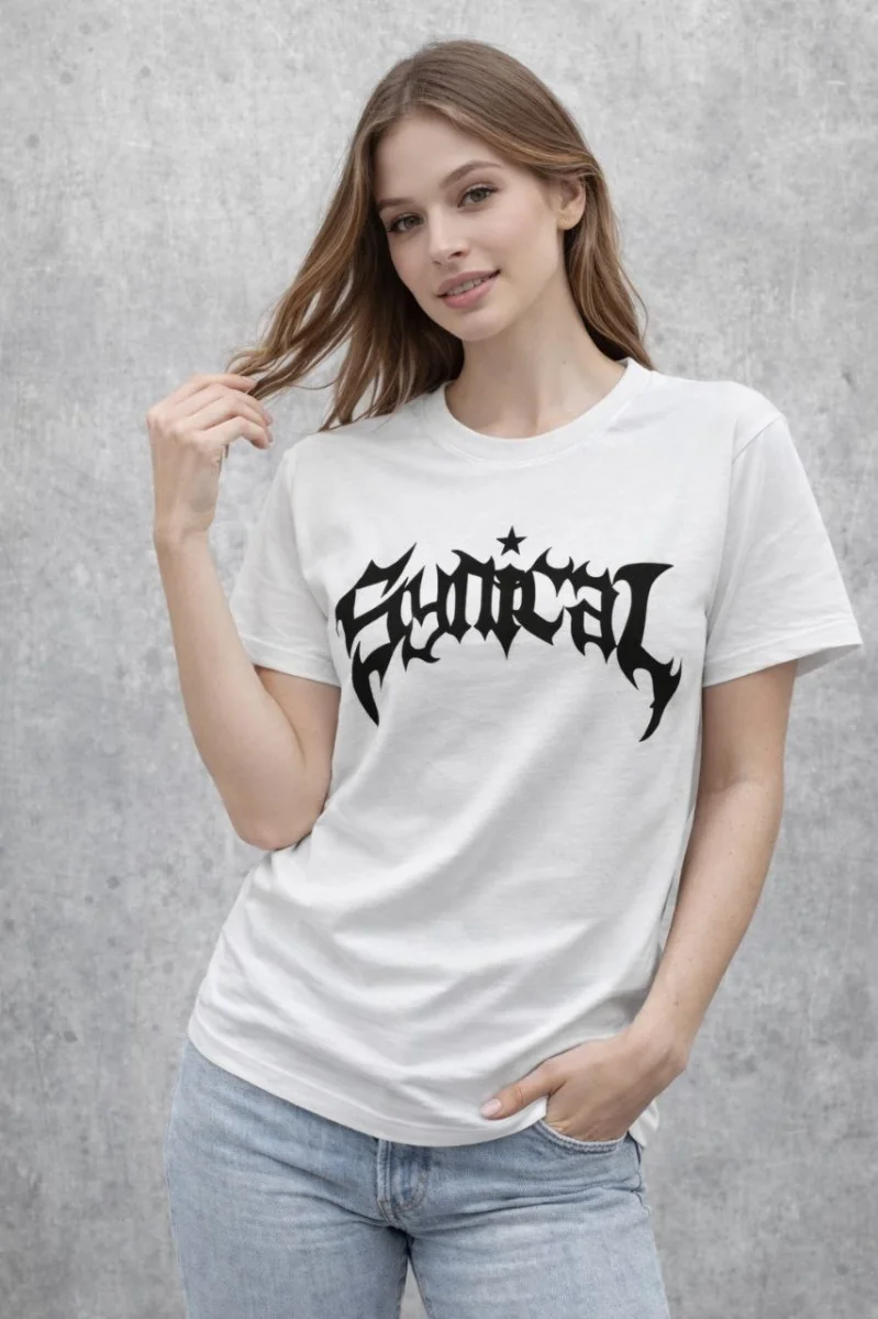 Kadın Bisiklet Yaka Ön Baskılı Kısa Kollu Tişört Streetwear Günlük Basic Pamuklu T-shirt - Beyaz