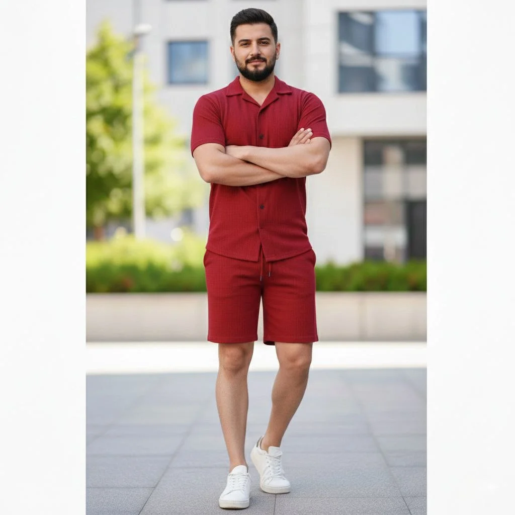 Erkek Waffle Kumaş Kısa Kollu Gömlek Şort Takım Regular Fit Yazlık İkili Set - Bordo
