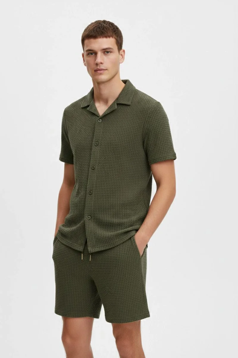 Erkek Waffle Kumaş Kısa Kollu Gömlek Şort Takım Regular Fit Yazlık İkili Set - Haki