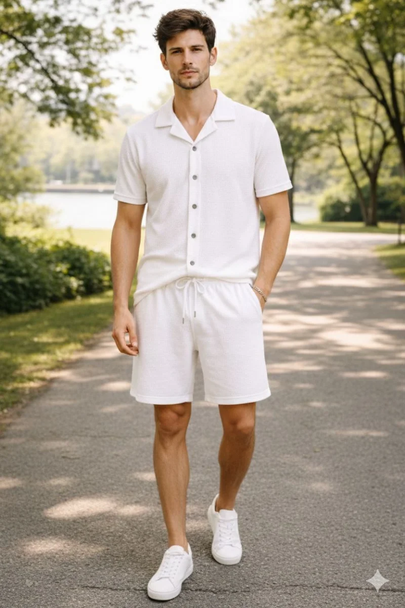 Erkek Waffle Kumaş Kısa Kollu Gömlek Şort Takım Regular Fit Yazlık İkili Set - Beyaz