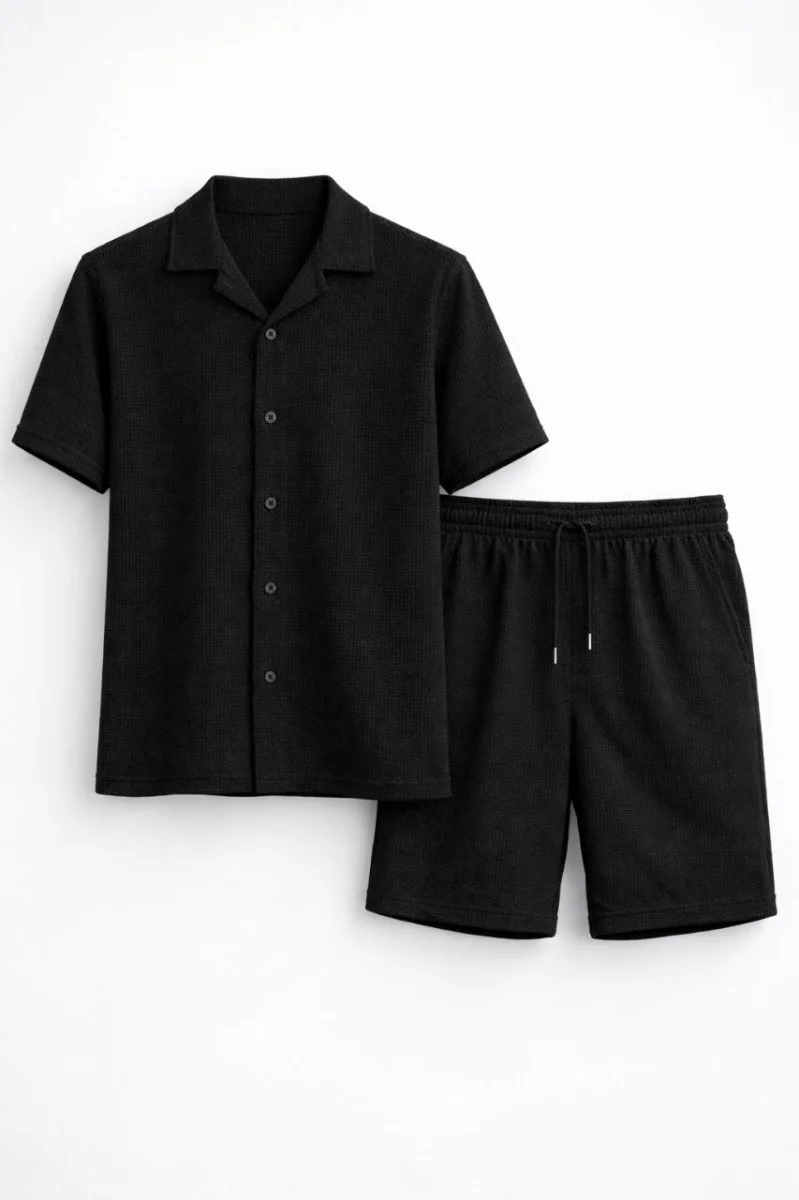 Erkek Waffle Kumaş Kısa Kollu Gömlek Şort Takım Regular Fit Yazlık İkili Set - Siyah