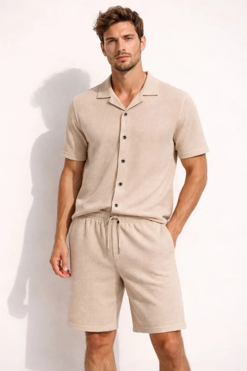 Erkek Waffle Kumaş Kısa Kollu Gömlek Şort Takım Regular Fit Yazlık İkili Set - Bej