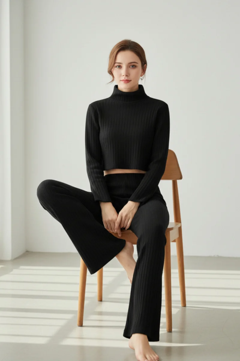 Kadın Siyah Fitilli Eşofman Takımı – Crop Uzun Kollu Üst & Paça Pantolon, Şık Günlük Set