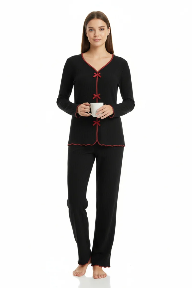 Premium Kadın 4’lü Fitilli Set – Siyah Kırmızı Biyeli (Pijama Üst, Pantolon, Bikini Takımı)