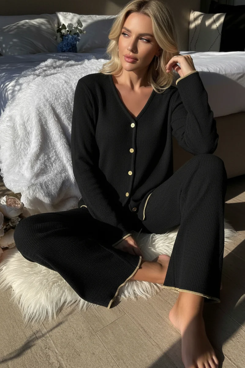 Premium Kadın Fitilli Pijama Takımı – Siyah Gold Biye Detaylı, Yumuşak Dokulu Ev Şıklığı