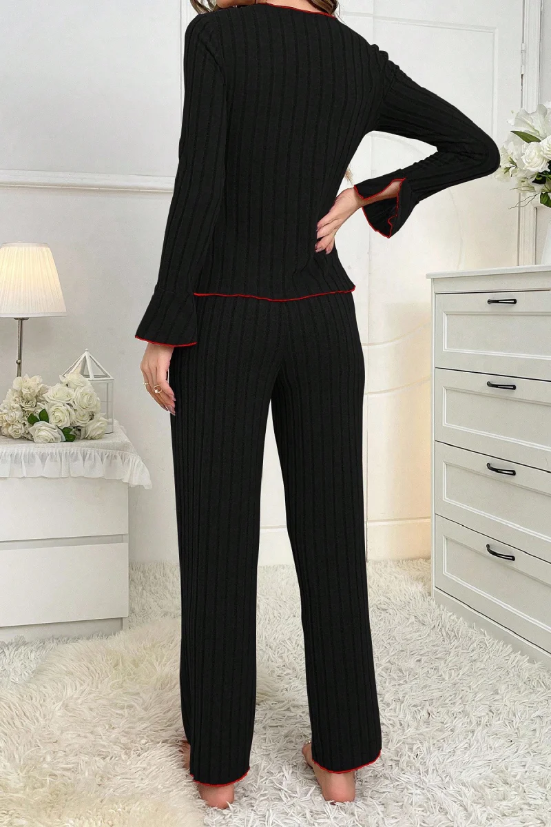 Kadın Siyah Kırmızı Biyeli ve Fiyonklu Uzun Kollu Mevsimlik Pijama Takımı