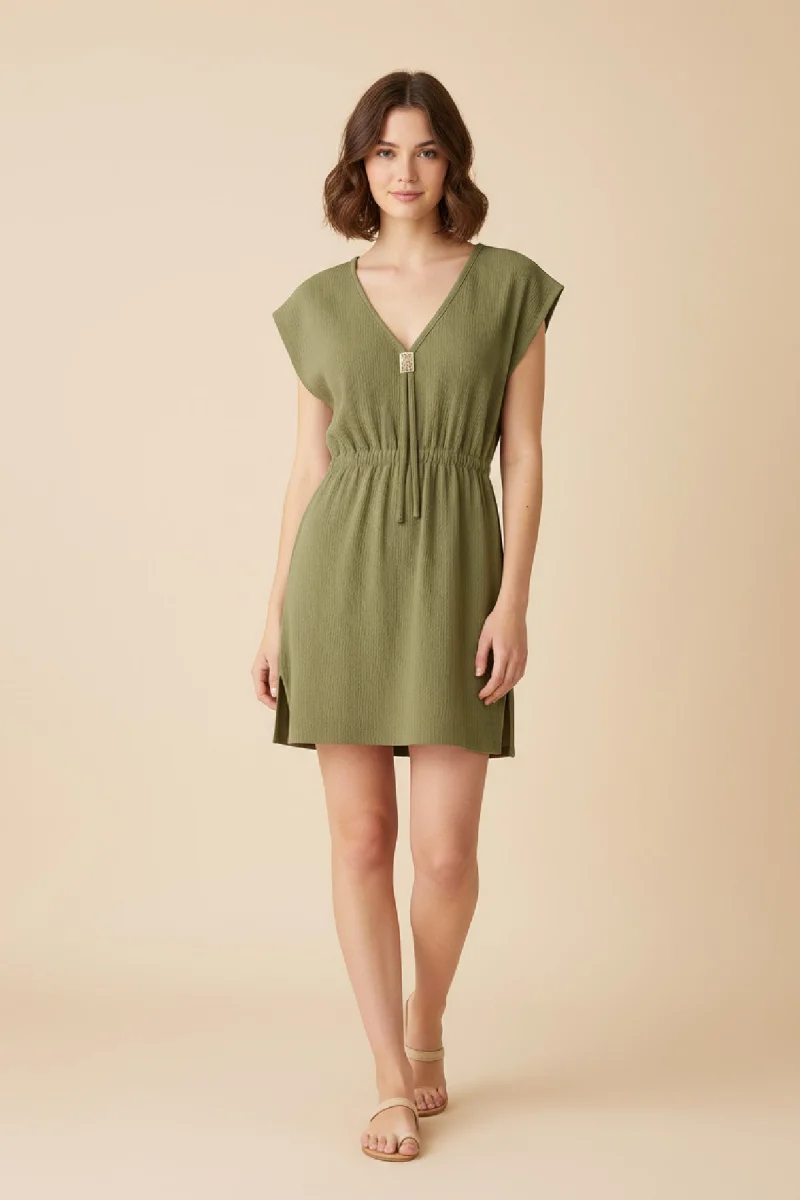 Kadın Haki Yanları Yırtmaçlı Tokalı V Yaka Mini Plaj Elbisesi