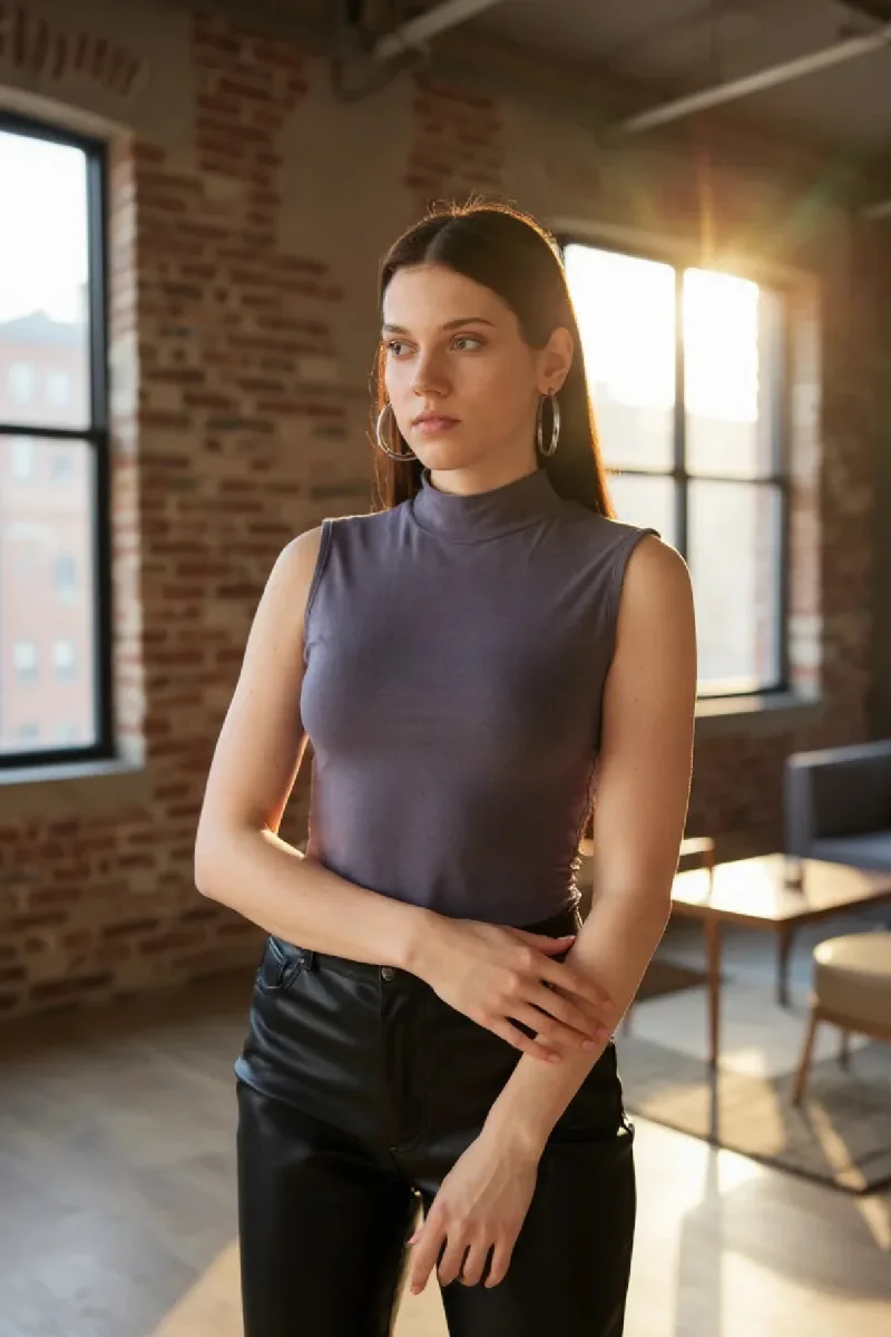 Kadın Antrasit Gri Kolsuz Balıkçı Yaka Basic Bluz