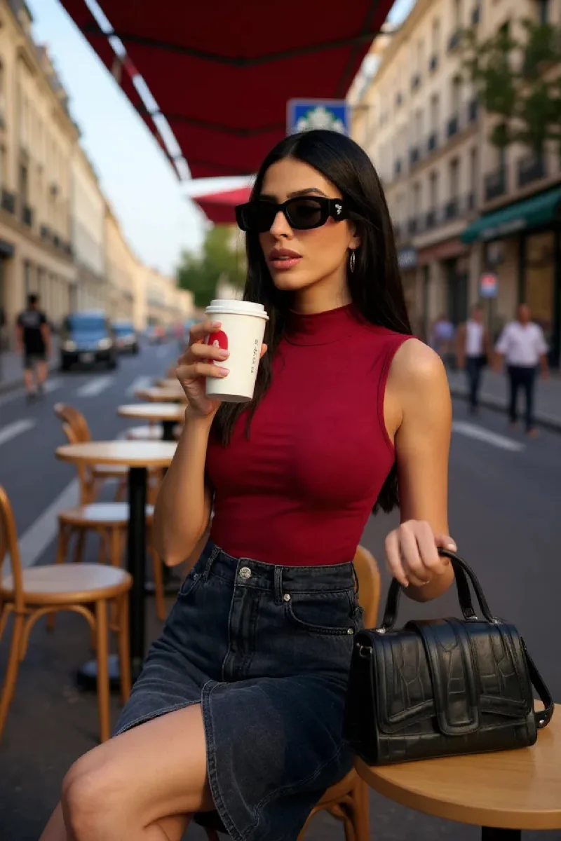 Kadın Bordo Kolsuz Balıkçı Yaka Basic Bluz