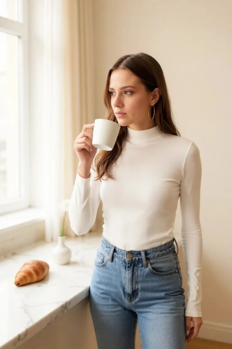 Kadın Beyaz Parmak Detaylı Esnek Uzun Kollu Body