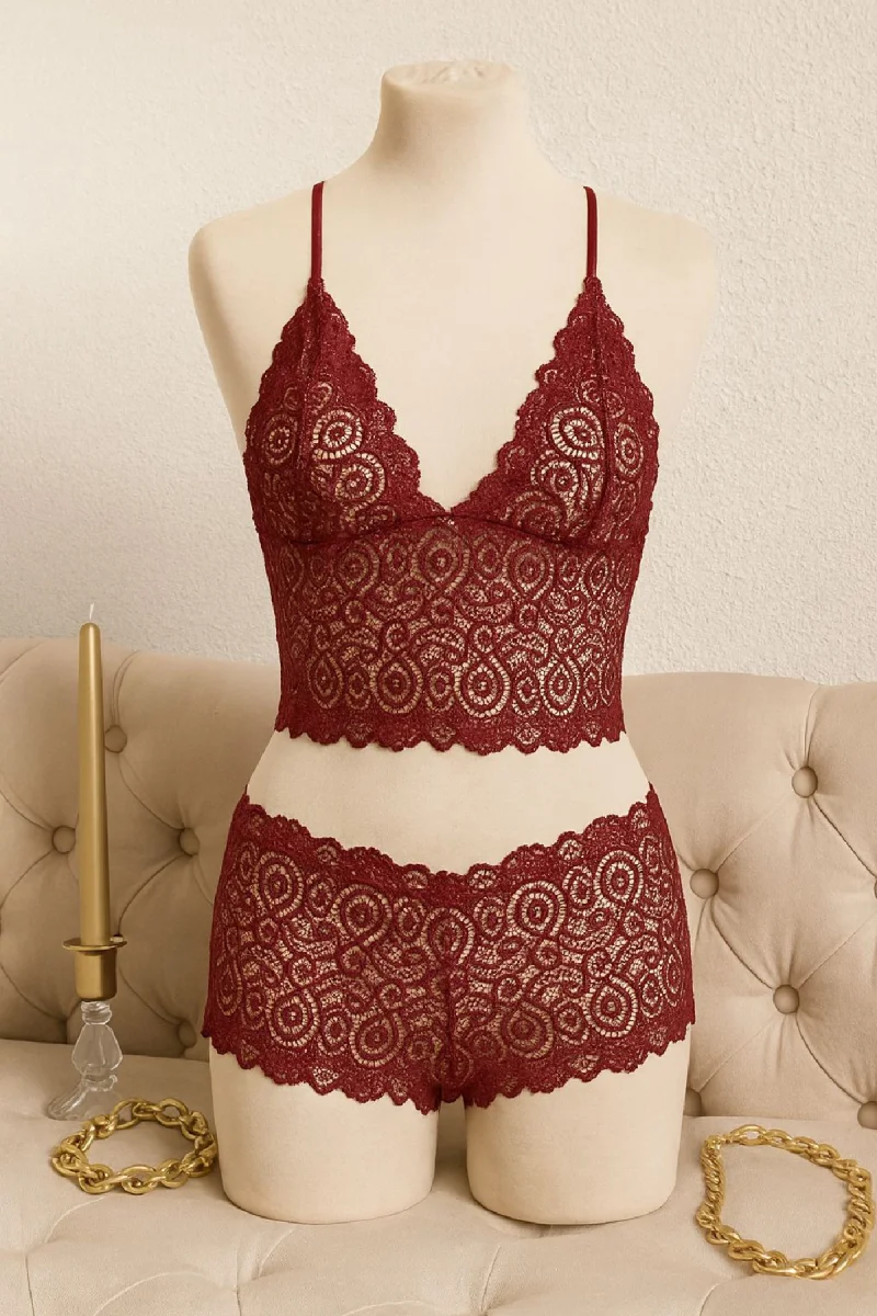 Kadın Bordo Dantel Bralet Şort Takımı – Asil ve Sofistike İç Giyim