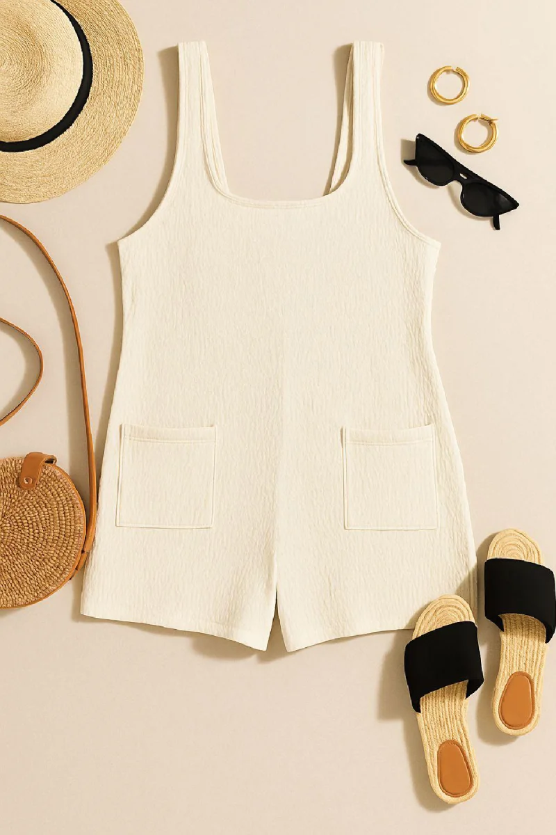 Kadın Beyaz Mini Cepli Tulum Plaj Elbisesi