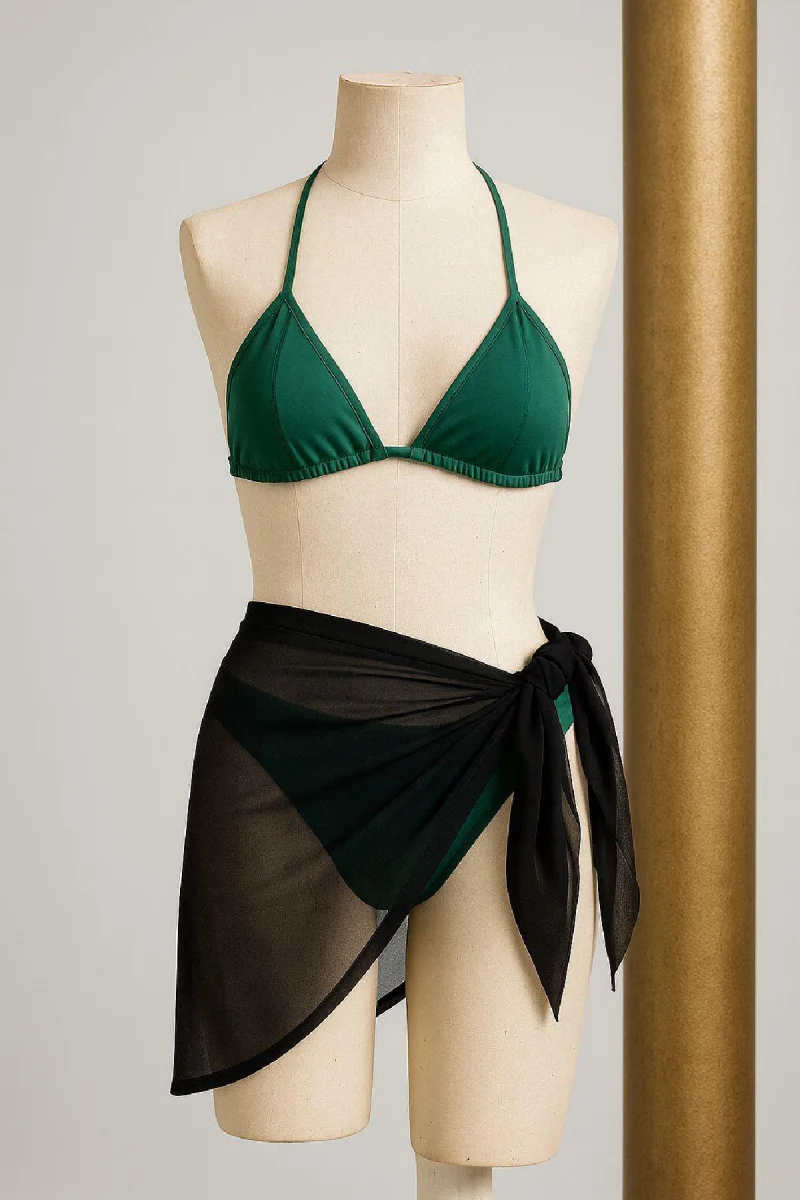 Kadın Yeşil Siyah Pareolu Yandan ve Boyundan Bağlamalı 3'lü Bikini Takımı