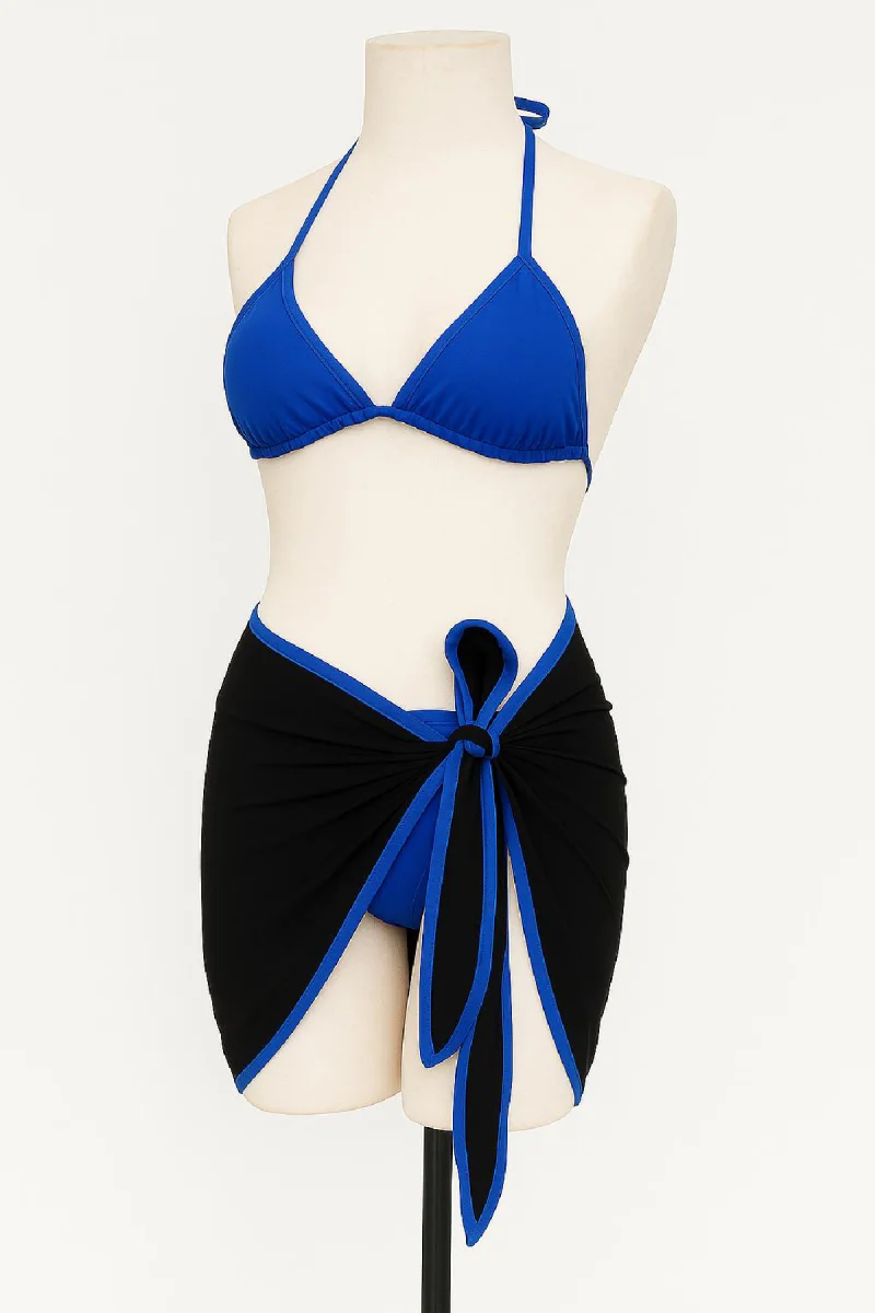 Kadın Mavi Pareolu Yandan ve Boyundan Bağlamalı 3'lü Bikini Takımı