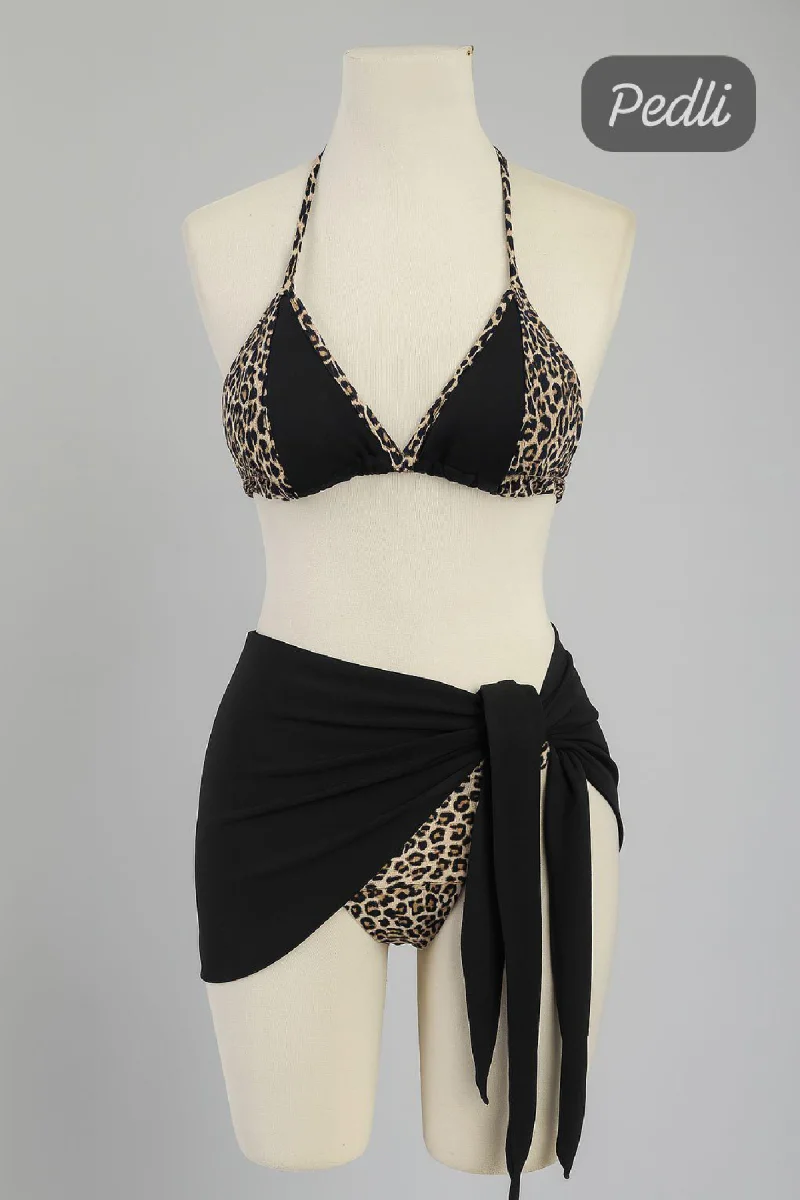 Kadın Siyah ve Leopar Desenli Pareolu 3'lü Bikini Takımı