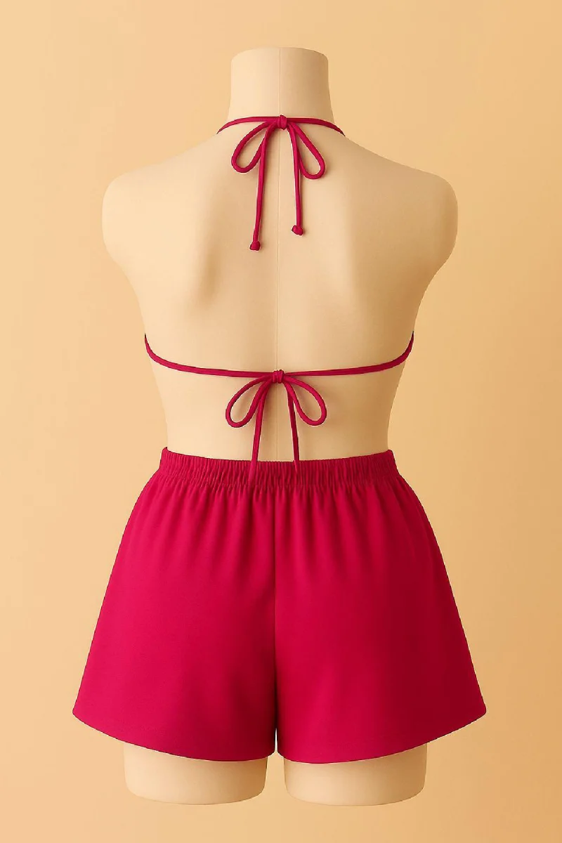 Kadın Fuşya Şortlu Belden ve Boyundan Bağlamalı Bikini Takımı