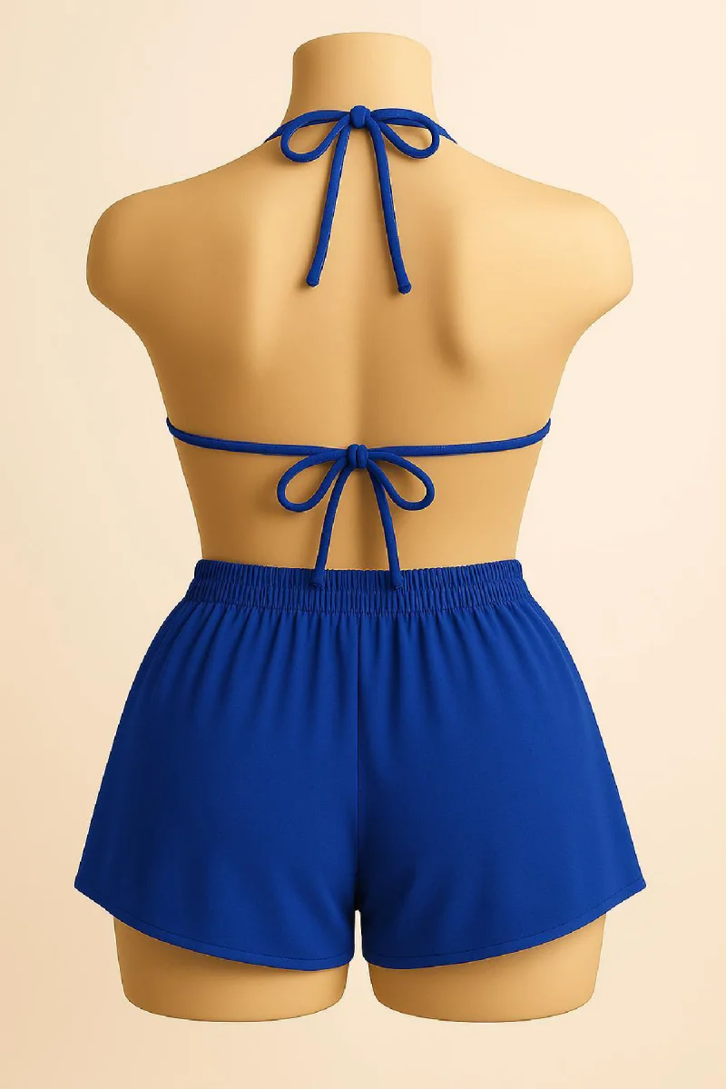 Kadın Mavi Şortlu Belden ve Boyundan Bağlamalı Bikini Takımı