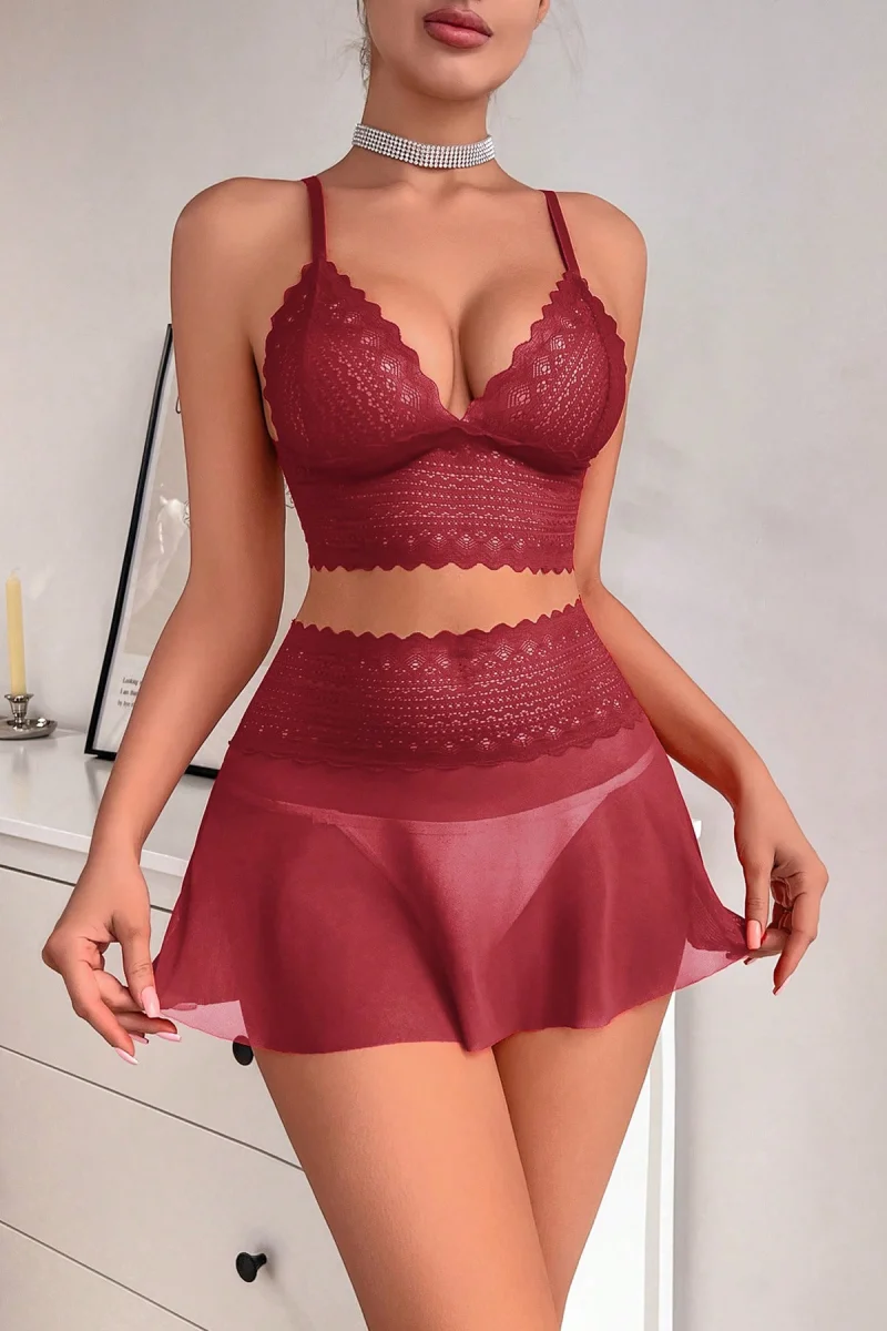 Kadın Bordo Dantel ve Tül Detaylı Etekli Şık Gecelik Takımı