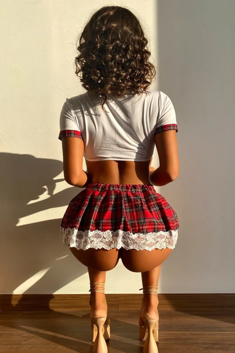 Kadın Beyaz Fantezi Liseli Kostümü Dantelli ve Tangalı