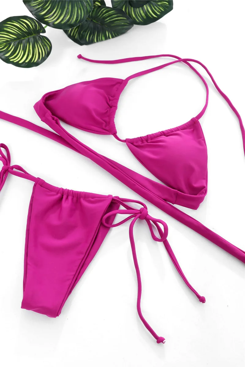 Kadın Fuşya Yandan Bağlamalı Tangalı Üçgen Bikini Mayo Takımı