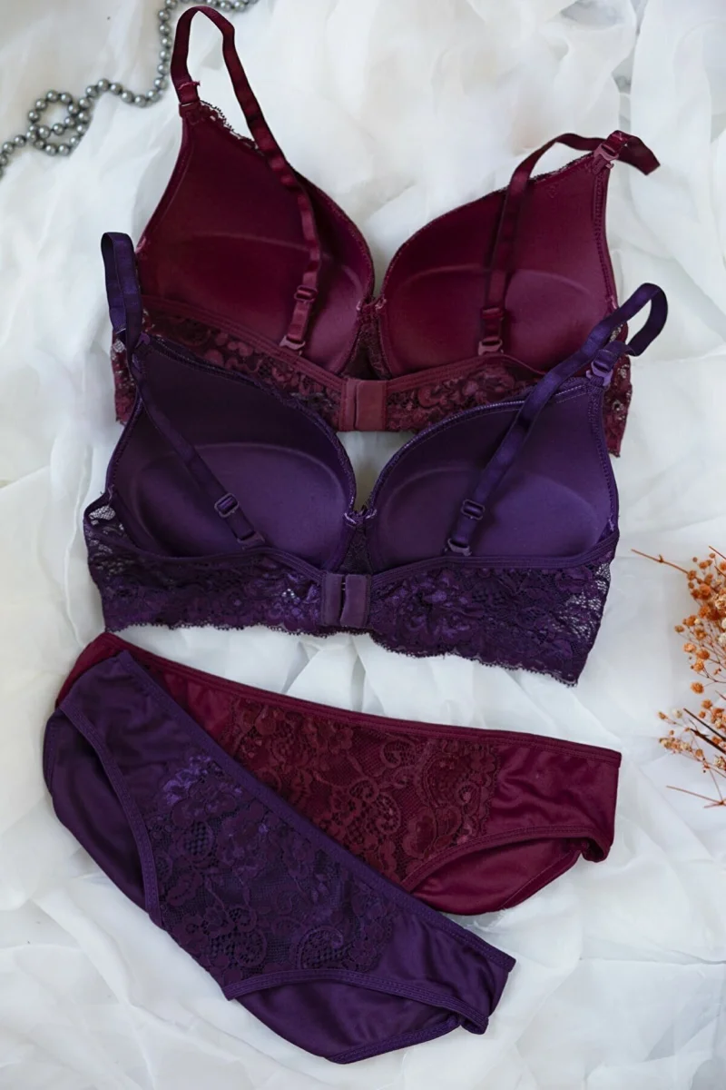 Kadın Bordo Ve Mor Dolgulu Balenli Sütyen Külot 2'li Paket