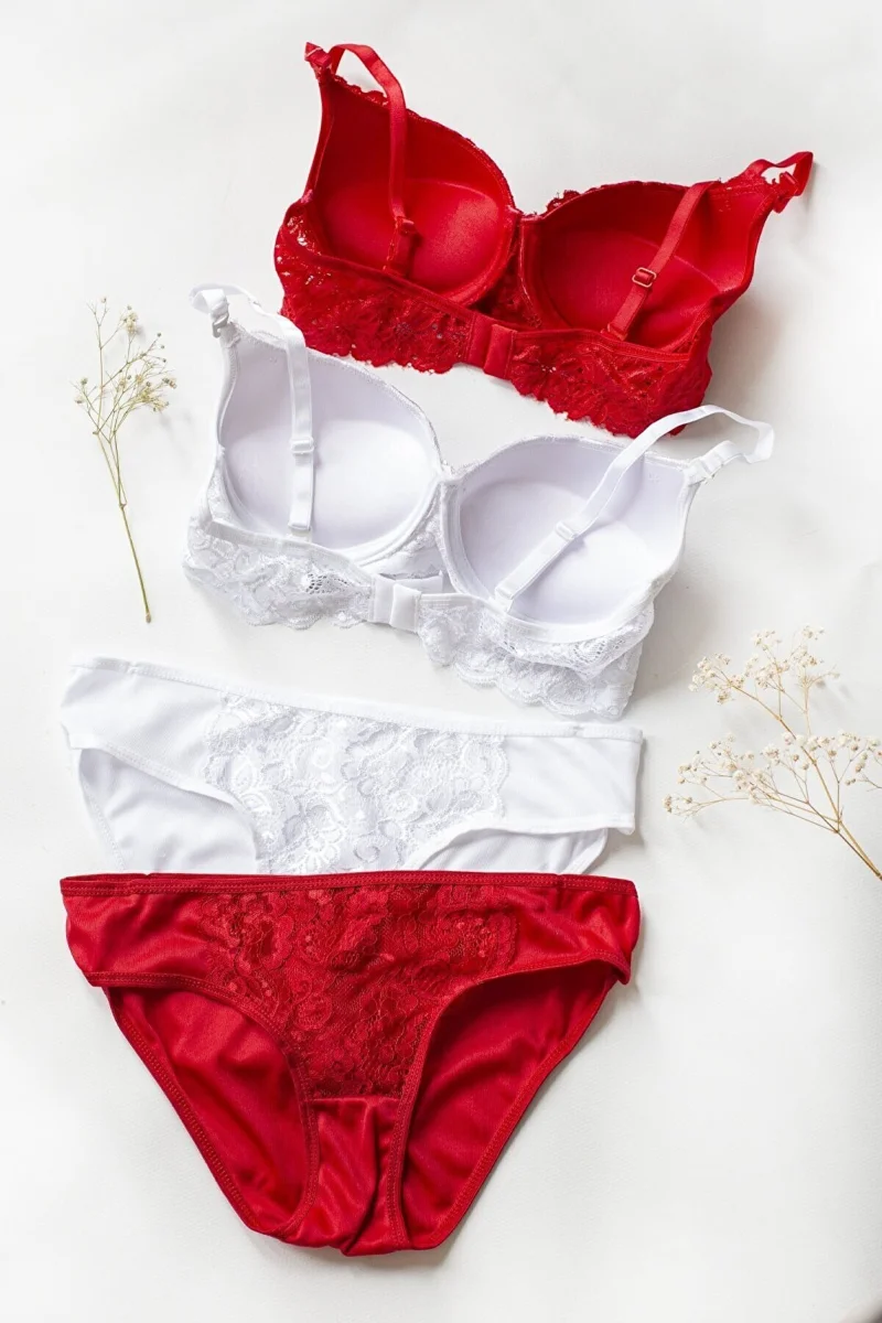 Kadın Kırmızı ve Beyaz Dolgulu Balenli Sütyen Külot 2'li Paket