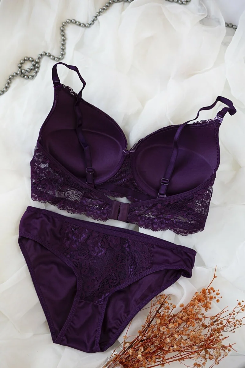 Kadın Mor Dolgulu Dantel Sütyen Ve Külot Takım