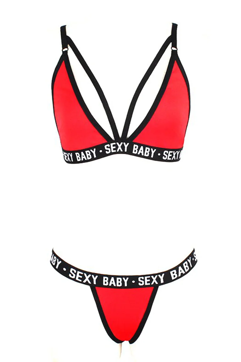 Kadın Kırmızı Yazı Detaylı Ipli Sütyen Takımı